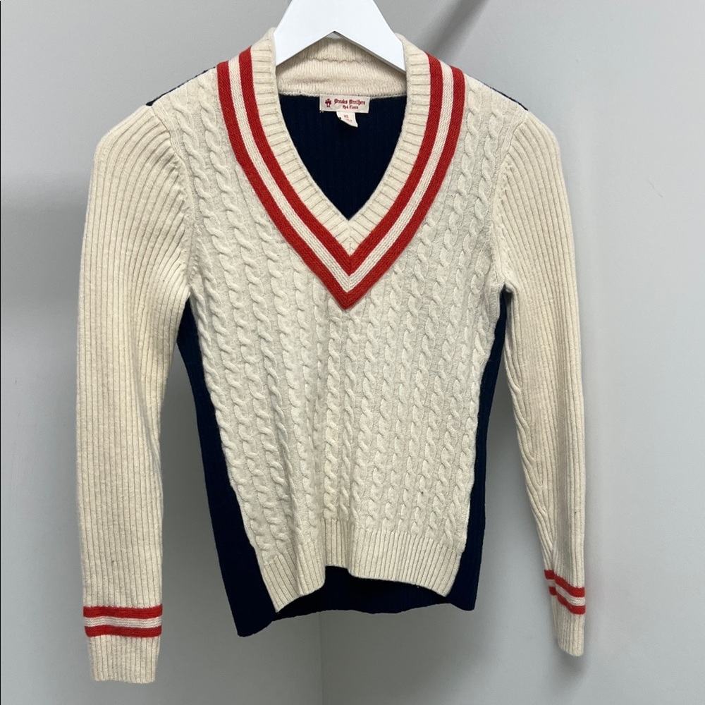 Brooks Brothers Cream and Red V-Neck Sweater